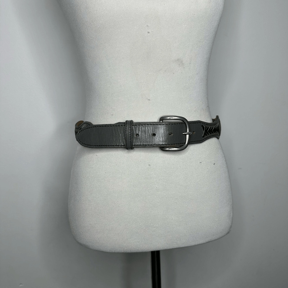 vtg WRIGHT woven leather medallion belt GRAY boho waist cinching western S/M - Picture 4 of 8